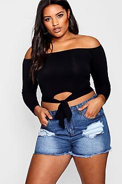 Boohoo Plus Elle Jersey Off The Shoulder Tie Crop Top