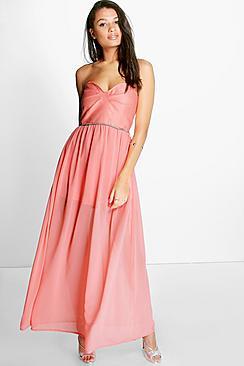 Boohoo Corin Bandeau Embellished Waist Chiffon Maxi Dress