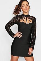Boohoo Lace Top High Neck Bandage Bodycon Dress