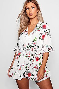 Boohoo Plus Floral Printed Ruffle Hem Playsuit