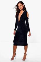 Boohoo Melinda Metallic Cold Shoulder Plunge Midi Dress