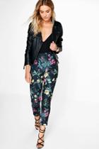 Boohoo Kellie Dark Floral Skinny Stretch Trousers Black