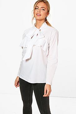 Boohoo Libby Satin Ruffle Pussy Bow Blouse