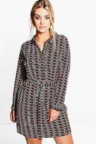Boohoo Plus Lucie Belted Printed Shirt Dress