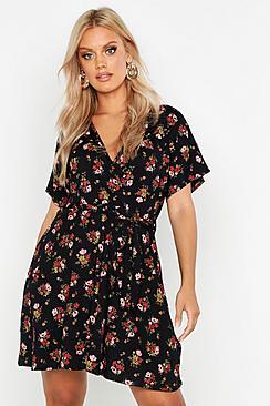 Boohoo Plus Floral Tie Waist Wrap Tea Dress