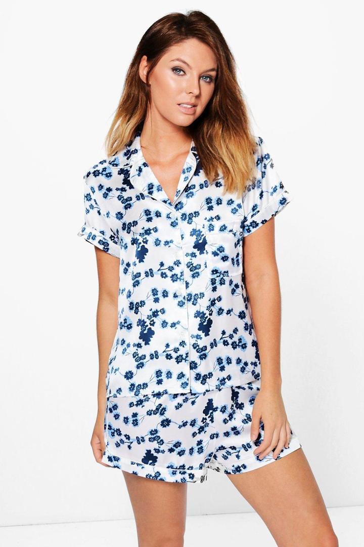 Boohoo Zoe Satin China Floral Shirt And Short Night Set Blue