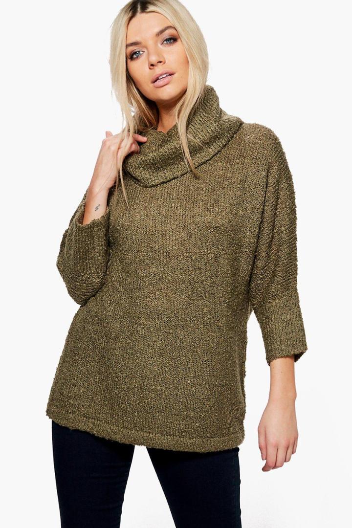 Boohoo Elise Boucle Roll Neck Jumper Khaki