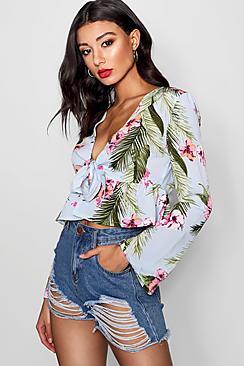 Boohoo Eva Palm Print Ruffle Tie Front Top