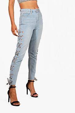 Boohoo Katy Eyelet Lace Up Mom Jeans