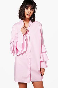 Boohoo Lottie Ruffle Sleeve Shirt Dress