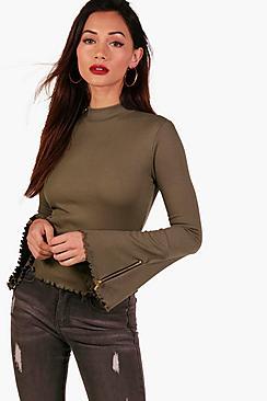 Boohoo Petite Rita Rib Turtle Neck Zip Detail Top