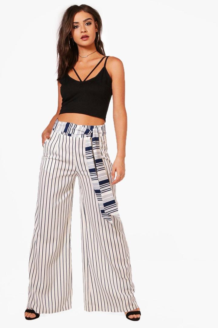 Boohoo Loni Tie Waist Woven Wide Leg Striped Trousers Navy
