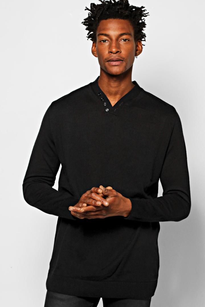 Boohoo Y Neck Placket Jumper In Mixed Yarn Black