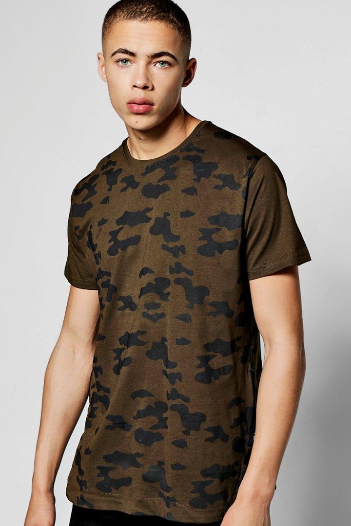 Boohoo Longline Camo T Shirt With Side Zip Olive