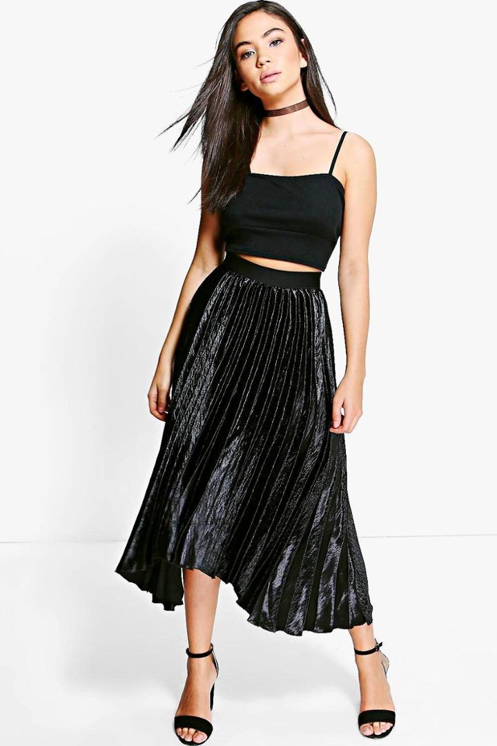 Boohoo Boutique Lorina Satin Pleat Midi Skirt Black