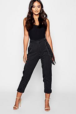 Boohoo Petite Tie Waist Turn Up Stripe Trouser