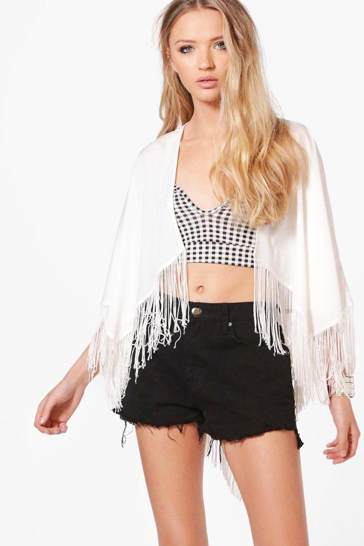 Boohoo Lexie Woven Tassel Cape Kimono Ivory