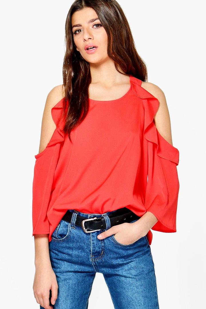 Boohoo Ariana Woven Cold Shoulder Ruffle Top Poppy