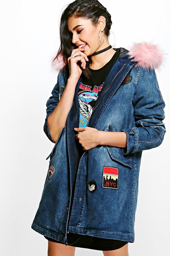 Boohoo Karen Faux Fur Hooded Denim Parka Blush