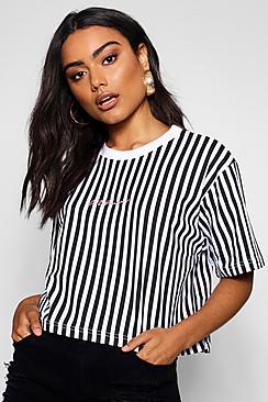 Boohoo Stripe Embroidered Woman Slogan Crop