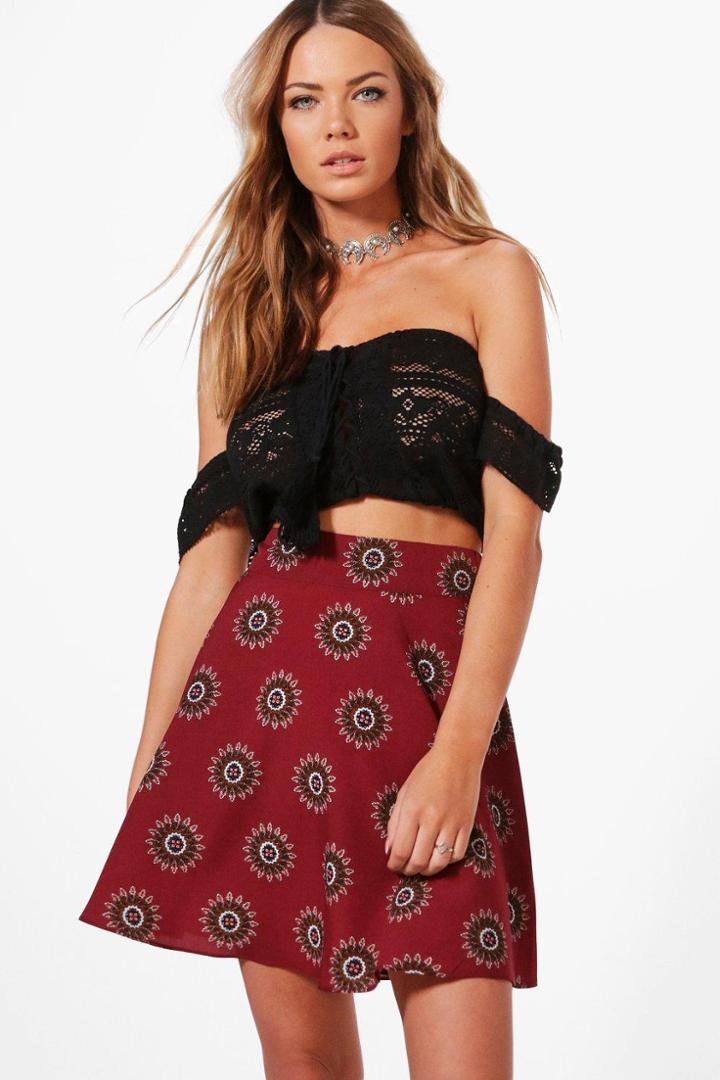 Boohoo Kiaria Bohemian Print Woven Skater Skirt Berry