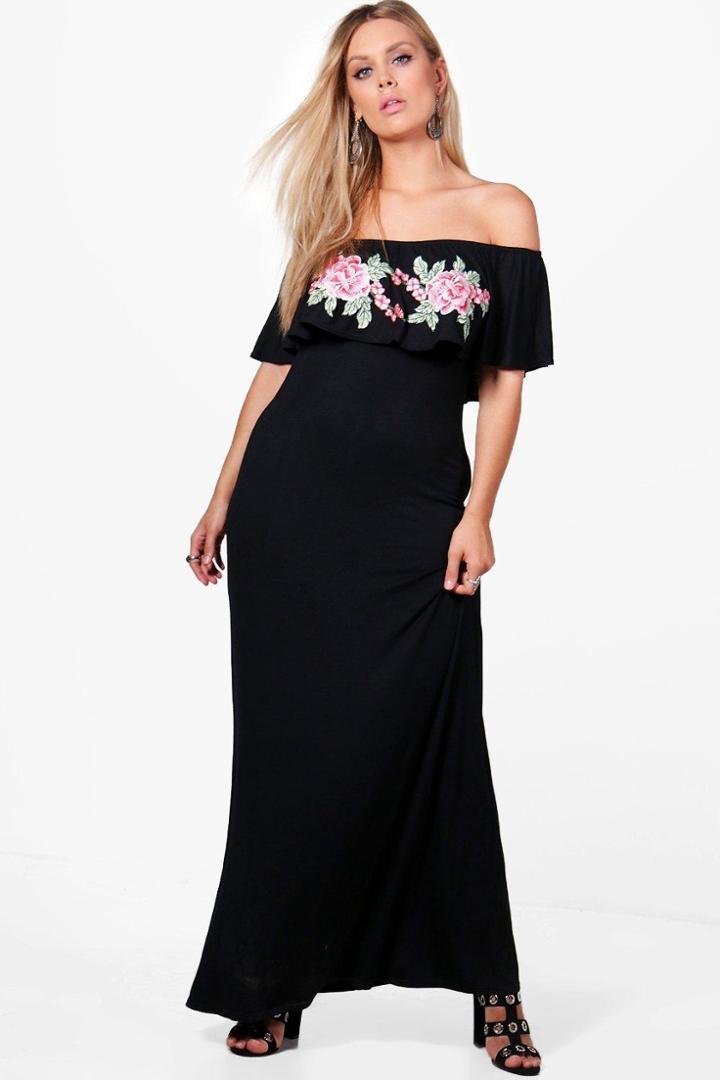 Boohoo Plus Harriet Embroidered Frill Maxi Dress Black