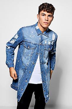 Boohoo Mid Blue Distressed Longline Denim Jacket