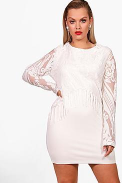 Boohoo Plus L/s Sequin Tassel Trim Bodycon Dress