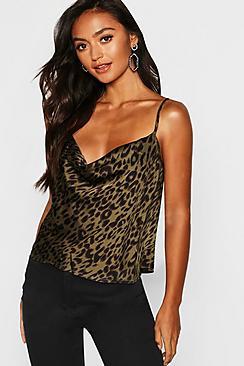 Boohoo Petite Satin Printed Leopard Cowl Neck Cami