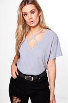 Boohoo Plus Lena Cross Neck Ribbed Top Grey