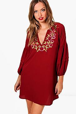 Boohoo Ellie Embroidered V Neck Smock Dress