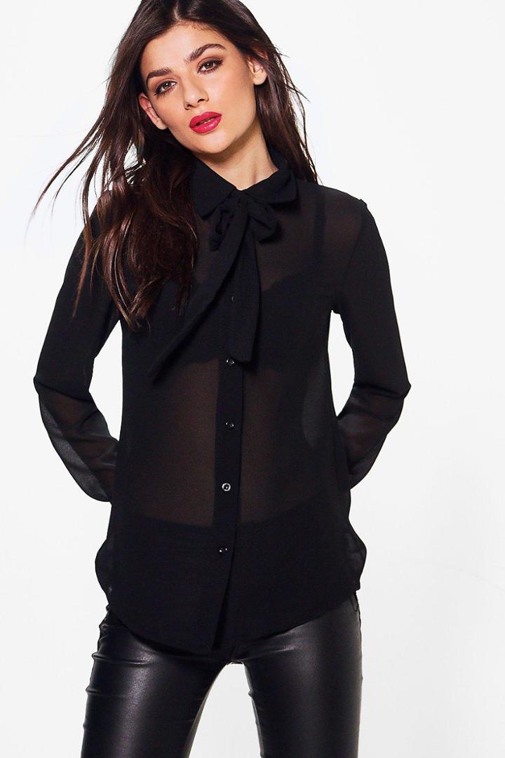 Boohoo Nicole Woven Tie Neck Shirt Black