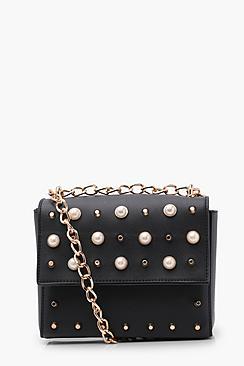 Boohoo Amy Faux Pearl And Stud Box Cross Body