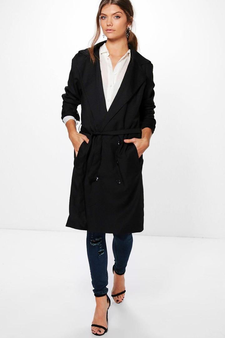 Boohoo Tall Tia Belted Mac Coat Black
