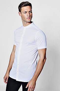 Boohoo Muscle Fit Grandad Collar Short Sleeve Shirt