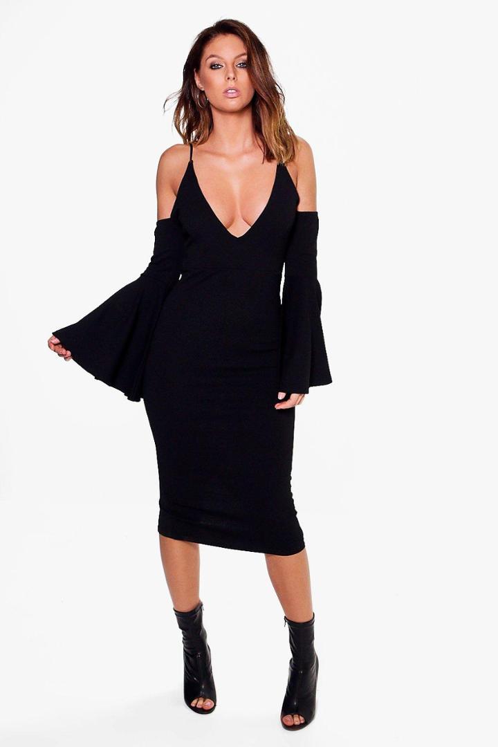 Boohoo Di Plunge Cold Shoulder Flared Sleeved Midi Dress Black