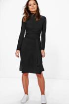 Boohoo Issy High Neck Slit Sleeve Tie Midi Dress Black