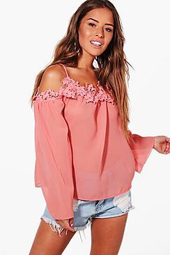 Boohoo Petite Olivia Lace Detail Cold Shoulder Top