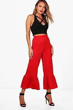 Boohoo Kacy Long Line Ruffle Hem Wide Leg Culottes