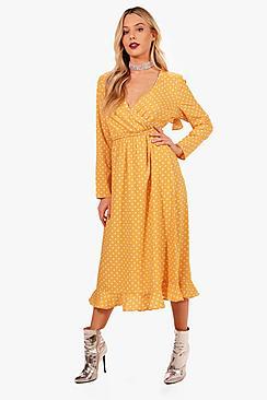 Boohoo Spot Wrap Front Ruffle Midi Tea Dress