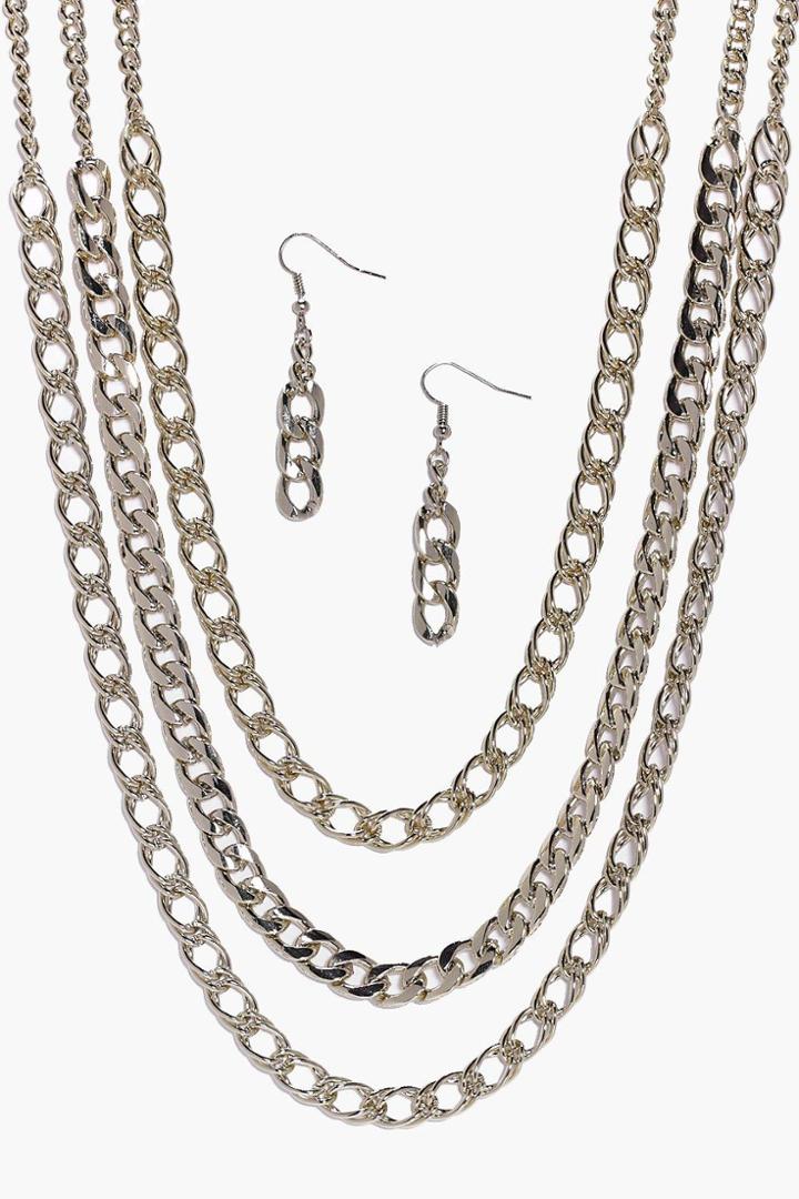 Boohoo Diana Triple Layer 80's Chain & Earring Set Gold