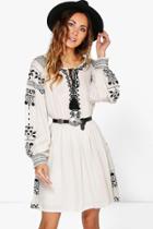 Boohoo Boutique Ari Embroidered Blouson Sleeve Dress Stone