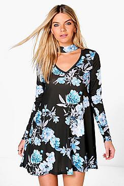 Boohoo Tanya High Neck Choker Swing Dress
