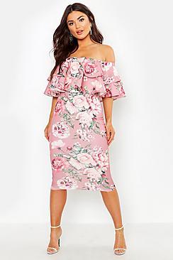 Boohoo Off The Shoulder Ruffle Midi Dress