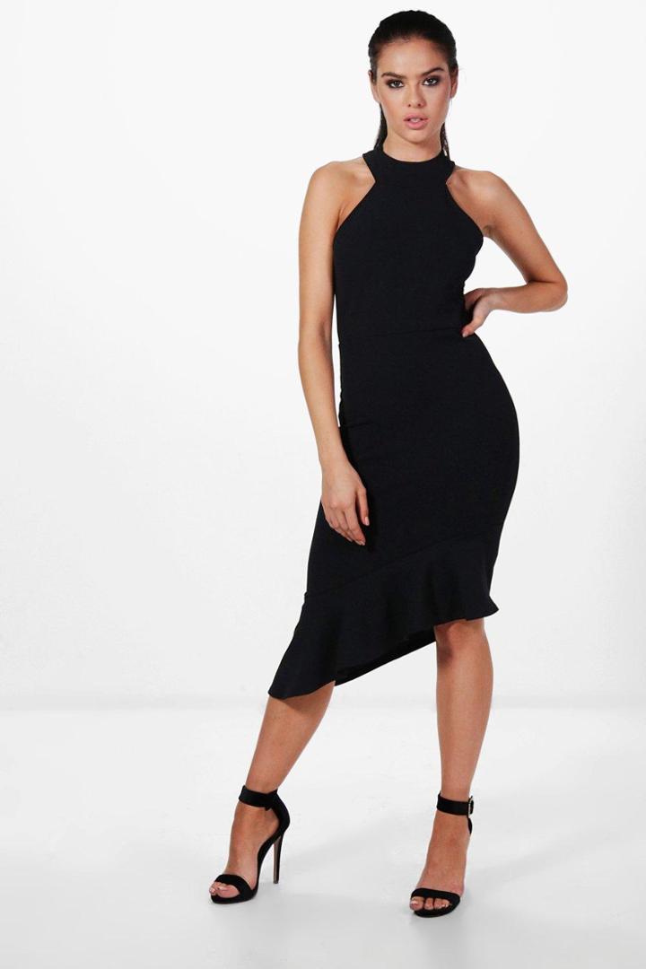 Boohoo Petite Lana Premium High Neck Frill Hem Dress Black