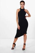 Boohoo Petite Lana Premium High Neck Frill Hem Dress Black