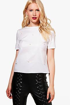 Boohoo Daisy Pearl Detail Woven Top