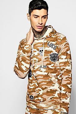 Boohoo Over The Head Camo Hoodie With Badges