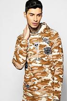 Boohoo Over The Head Camo Hoodie With Badges
