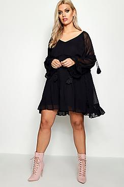 Boohoo Plus Ruth Chiffon Ruffle Hem Tassel Smock Dress